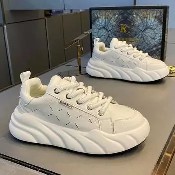 2024 Shoes for Men Leather Casual Platform Shoes Autumn Chunky Sneaker Fashion Youth Lace-Up Cool Flat Skateboard Shoes 39 зелёный