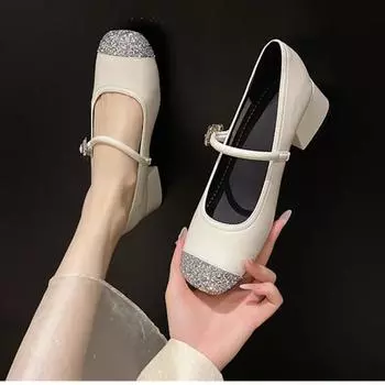 2024 Shoes for Women Silver Sexy Women s Chunky Heel Shoes Fashion Summer Outdoor Banquet High Heels Round Toe Mary Jane Shoes 35 бежевый