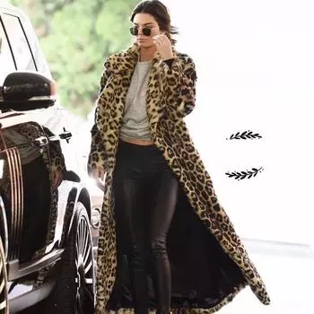 2024 шуба из искусственного меха с леопардовым принтом для женщин, супердлинная облегающая термокуртка с большими лацканами для женщин, удлиненная и утолщенная S цветной печати леопарда