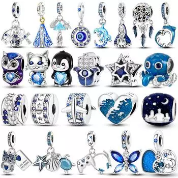 2024 синяя серия посеребренное сердце Сова Осьминог милый кот подвески подходят оригинальные бусины кулон висячий браслет DIY для женщин