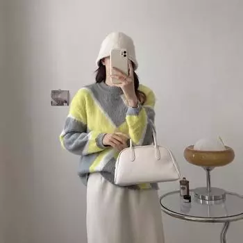 2024 Skinny Lazy Crew Neck Long Sleeve Knitted Sweater Top Autumn and Winter New Commuter Versatile Women s Sweater S