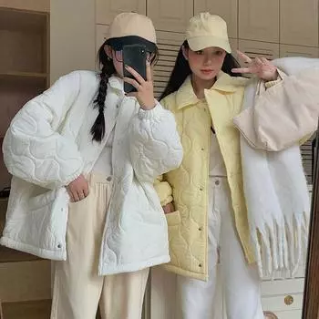 2024 сладкий цвет, повседневные пальто из овечьей шерсти, женские корейские модные хлопковые стеганые куртки, женские осенне-зимние однобортные теплые однобортные парки с длинными рукавами S чёрный