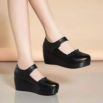 2024 Slope Heels женские туфли на среднем и высоком каблуке осенние новые туфли для мам среднего и старшего возраста с круглым носком и толстой подошвой женская рабочая обувь 35 чёрный