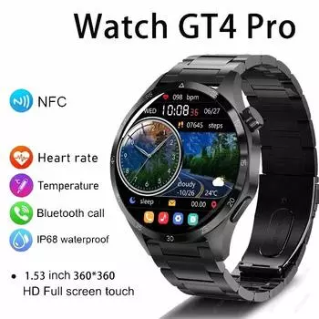 2024 Смарт-часы, мужские часы 4 Pro, AMOLED HD-экран, Bluetooth-вызов, NFC, мониторинг здоровья, умные часы, 2024, новые часы для GT4 Silicone strap чёрный