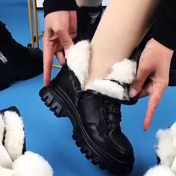 2024 Soft Leather Warm Comfortable Short Boots Platform Snow Boots British Style Winter Casual Cotton Shoes Botas Mujer Tnis 36 чёрный