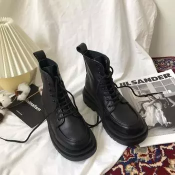 2024 Soft PU Ankle Boots Women s Thick-soled Motorcycle Boots Women s Autumn and Winter Shoes Women s Gothic Short Boots 35 чёрный