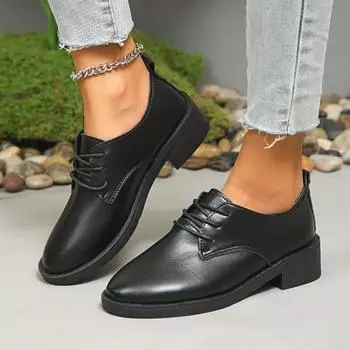 2024 Solid Color Pointed Toe Comfortable Women s Single Shoes Temperament Lace-up Square Heel Spring and Autumn Women s Shoes 35 чёрный