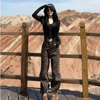 2024 Spice Girl Леопардовый принт Широкие джинсы Женские модные универсальные флисовые свободные толстые узкие прямые брюки XS цветной печати леопарда