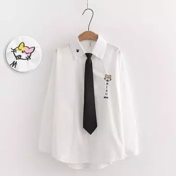 2024 Весна и Осень Вышивка Галстук Длинный Рукав Рубашка Женская Свободная Блузка XS