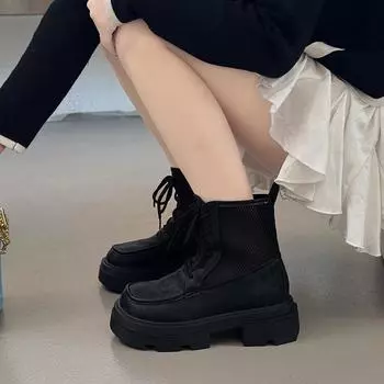 2024 Spring and Autumn Fashion Women s Boots Best Selling Round Toe Medium Heel Color Matching Lace Up Women s Short Boots 35 бежевый