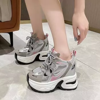 2024 Spring and Autumn Fashionable Round Toe Color Blocked Comfortable Breathable Lace-Up High Heel Women s Sports Shoes 34
