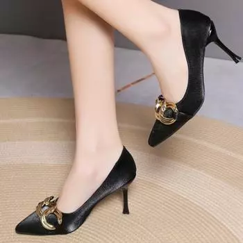 2024 Spring and Autumn Fashionable Solid Color Shallow Mouth Versatile Stiletto Heel Metal Decoration Slip-On Women s High Heels 35 бежевый
