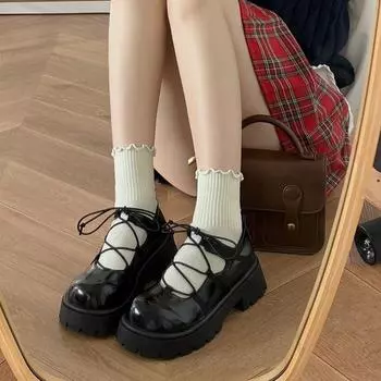 2024 Spring and Autumn Fashionable Women s Shoes Solid Color Round Toe Shallow Mouth Lace-Up Glossy Thick Heel Mary Jane 35 чёрный