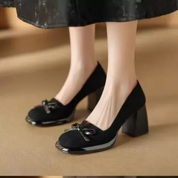 2024 Spring and Autumn High Quality Women s Pump Shoes Square Toe Fashionable Formal High Heels Formal Bow Women s Shoes 35 чёрный
