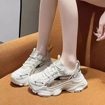 2024 Spring and Autumn High Quality Women s Shoes Fashionable Round Toe Color Block Mesh Breathable Lace-up Women s Sports Shoes 35 бежевый