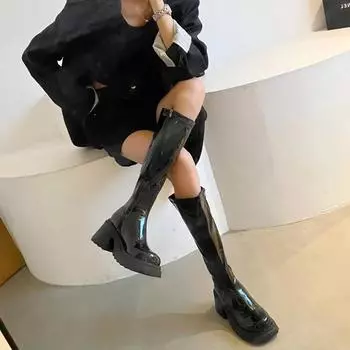 2024 Spring and Autumn High Quality Women s Boots Fashion Round Toe Solid Color Medium Heel Glossy Sleeve Women s High Boots 35 чёрный