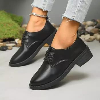 2024 Spring and Autumn High Quality Women s Shoes Pointed Toe Solid Color Low Heel Lace-up Casual Versatile Women s Loafers 35 чёрный