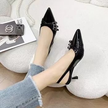 2024 Spring and Autumn New Baotou Backempty Sandals Women s Belt Buckle Pointed Thin Heel Sandals Fashion Patent Leather High Heel Single Shoes 35 чёрный