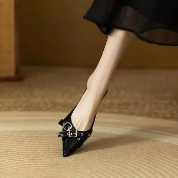 Весна и осень 2024 новый дизайн нишевые туфли-лодочки женская обувь корейская версия ретро металлическая пряжка острый носок мелкий вырез толстый каблук 35 чёрный