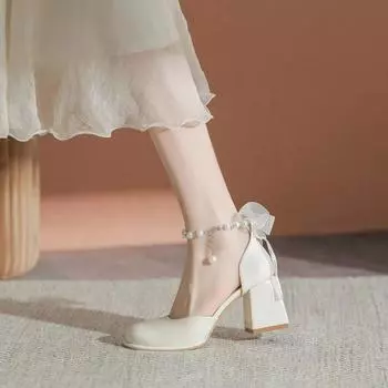 2024 Spring and Autumn New Fashion Solid Color Shallow Mouth Pearl Chain Ribbon High Heels Mary Jane Single Shoes Women s Shoes 34 бежевый