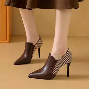 2024 Spring and Autumn New Pointed Deep Mouth Grid Stitching Nude Boots Fine Heel Banquet Dress Small Size Women s Shoes 34 чёрный