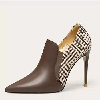 2024 Spring and Autumn New Pointed Deep Mouth Grid Stitching Nude Boots Fine Heel Banquet Dress Small Size Women s Shoes 34 коричневый