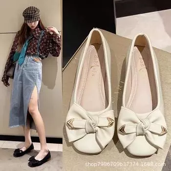 2024 spring and autumn new sweet flat-bottomed bow single shoes women s soft-soled retro square head light mouth beanie shoes ladyshoes 35