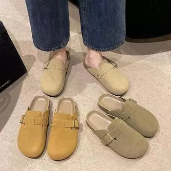 2024 spring and autumn new thick-soled lazy half-drag casual versatile one-pedal bag head slippers Korean version without heel sandals 35 хаки