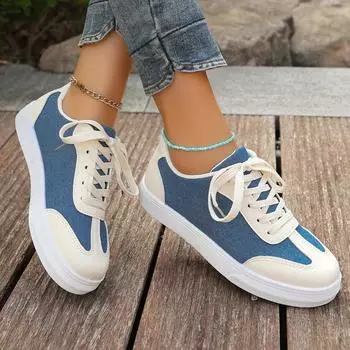 2024 Spring and Autumn New Women s Casual Sports Shoes Breathable Women s Flat Lace-up Color Block Low-top Shoes Size 36-43 36 темно-синий