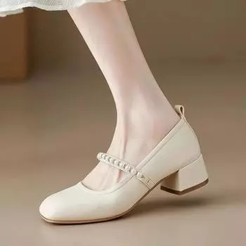 2024 Spring and Autumn Women s High Heels Mary Jane Leather Shoes Fashion Pearl Design Ladies Casual Loafers Party and Work Wear 35 абрикосовый