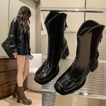 2024 Spring and Fall Fashion All-in-one Women s Short Leg Square French Women s Leather Boots 35 чёрный