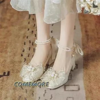 2024 Spring and Summer Fashion New Square Toe Solid Sexy Beaded Buckle Women s Casual Sandals Comfortable High Heel Bridal Shoes 34 абрикосовый