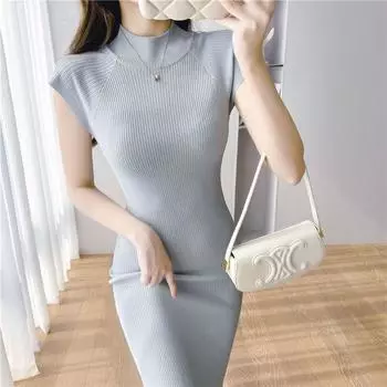 2024 Spring and Summer Ice Silk Stepmother Silm Knitting Dress Light Blue M(Recommendation 47.50kg -55.00kg)