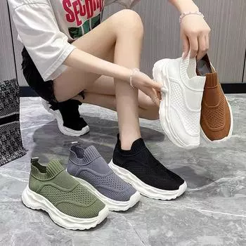 2024 spring and summer new breathable elastic fly-woven dad shoes socks shoes women s one-pedal casual sports running shoes 35 коричневый