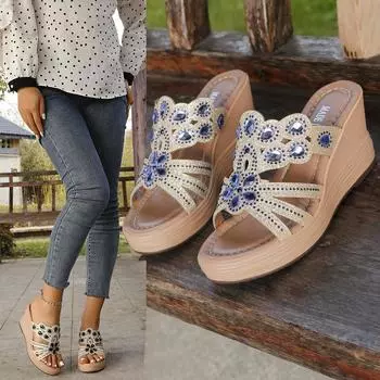 2024 spring and summer new fashion rhinestone high heel wedge cool slippers women s muffin thick bottom one-word drag cool slippers 35 золотой