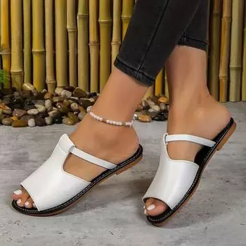 2024 spring and summer new foreign trade large size women s flat bottom cool slippers hollow solid color fish mouth beach, women s shoes 35 чёрный