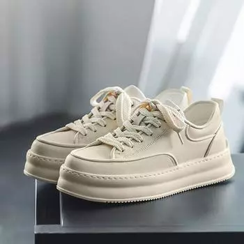 2024 spring and summer new Korean version versatile solid color white shoes thick sole heightening low top men s shoes breathable casual board shoes 39 бежевый