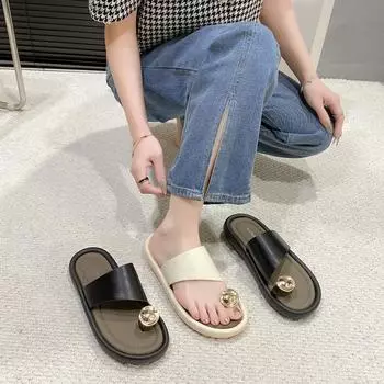 2024 spring and summer new round head cover toe one pedal metal decoration soft bottom soft surface fashion women s slippers women 35