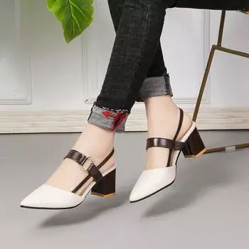 2024 spring and summer new single shoes women s pointed head thick heel bag head women s shoes middle heel one-word buckle high heels hollow w 35 зелёный