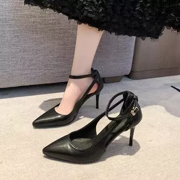 2024 spring and summer shallow mouth single shoes pointed hollow one-word buckle strap stiletto work shoes black high heels women 34 чёрный