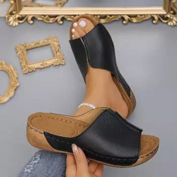 2024 spring and summer slope heel fashionable, simple and light, one pedal fish mouth cool slippers women s foreign trade large size 36 чёрный