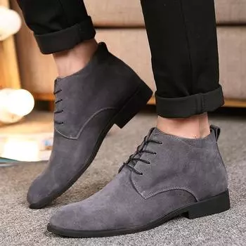 2024 Spring Ankle Boots Men Korean Version High Top British Lace Up Suede Comfortable Short Boots Casual High Top Leather Shoes 37 чёрный