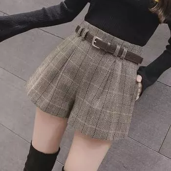2024 Spring/Autumn High-Waist Plaid Woolen Shorts with Belt for Women – Fashionable Slim Fit M 120-135 lbs