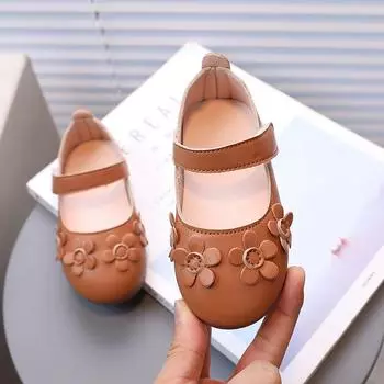 2024 Spring Autumn New Girls Leather Shoes Korean Style Baby Flowers Mary Janes Non-slip Kids Princess Shoes Elegant Chic Flats 21 чёрный
