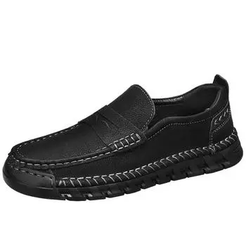 2024 Spring Autumn New Men s Leather Casual Shoes Massage Sole Flat Loafers Men s Driving Shoes Daily Versatile Anti Slip 38 чёрный