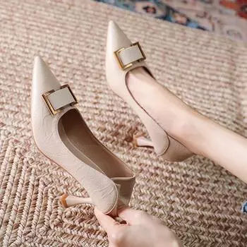 2024 Spring Autumn New Net Red Black Work Pointed Toe High Heels Women Shallow Mouth Stiletto Medium Heel Women s Single Shoes 34 бежевый