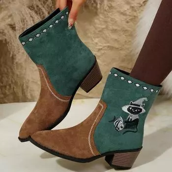 2024 Spring/Autumn New Retro Matte Thick Heel Western Boots Embroidered Mid-Calf Boots for Women Shoes for Women high 36 бежевый