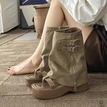 2024 Spring autumn thick-soled female knight high boots fashionable thick-soled flat pants boots for women western cowboy shoes 35 хаки