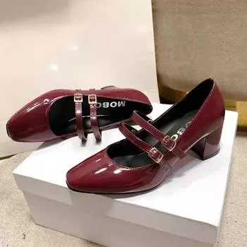 2024 Spring Autumn Women Double Buckle Shoes Leather Square Head Square Heel Solid Color Women s Shoes 34