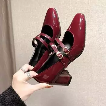 2024 Spring Autumn Women Double Buckle Shoes Leather Square Head Square Heel Solid Color Women s Shoes 34